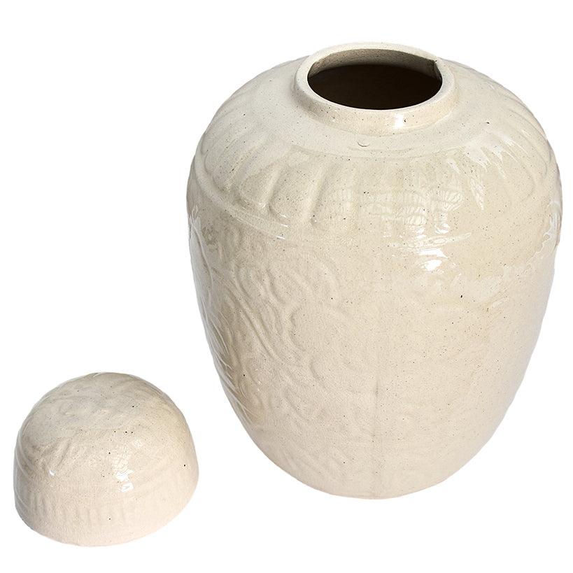 WHITE CARVED VASE WITH LID 21x21x35cm - Chora Mykonos