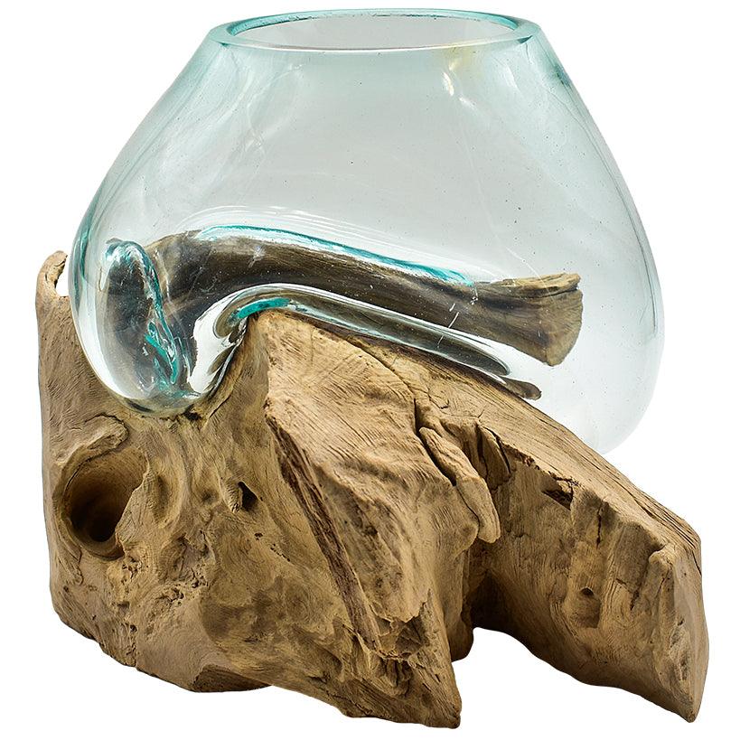 GLASS BOWL MEDIUM ON TEAK ROOT - Chora Mykonos