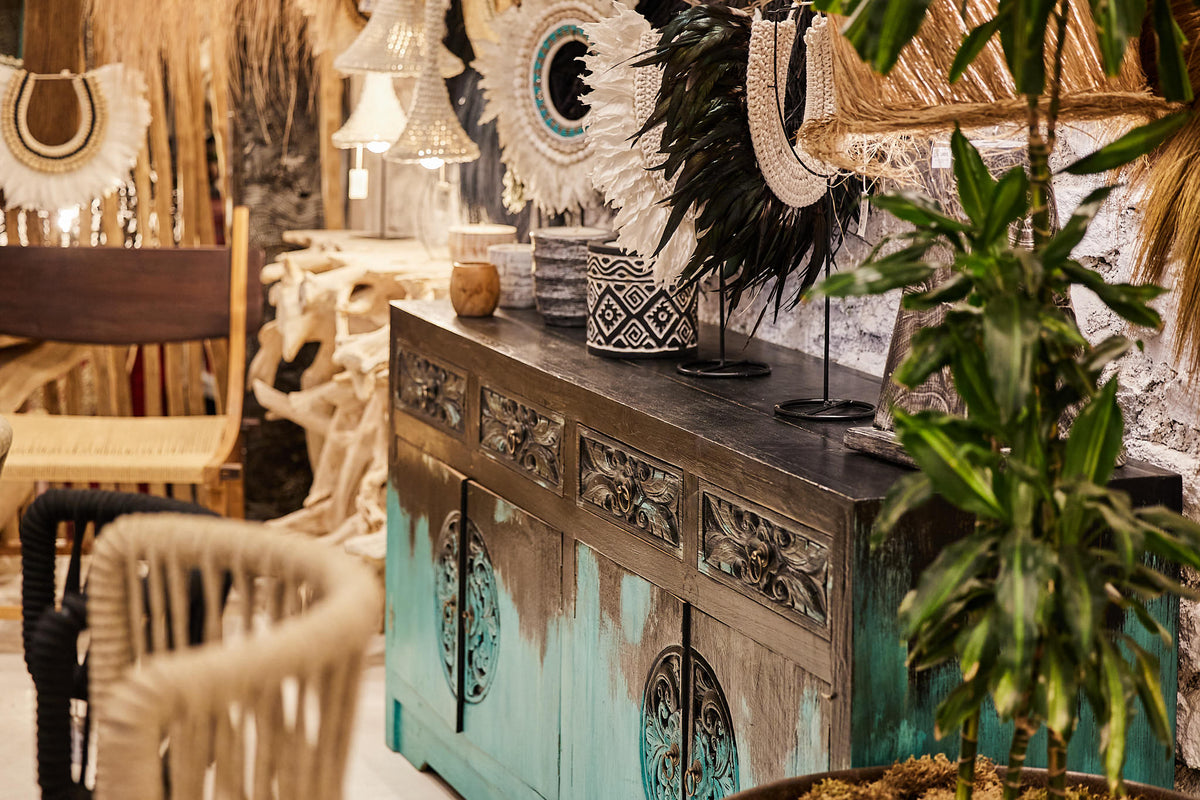 CARVED BUFFET CABINET TURQUOISE & BLACK W180 |D50 |H80 cm