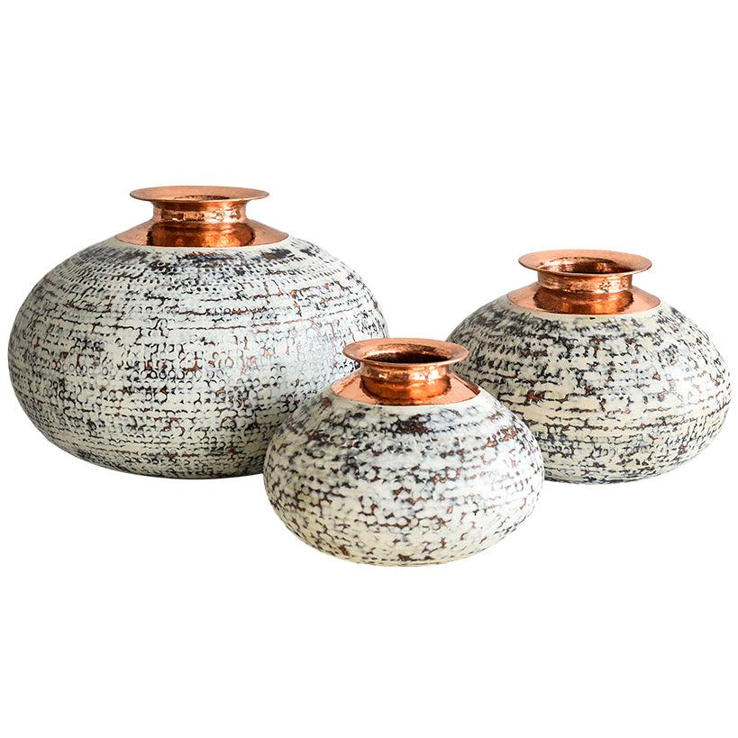 BRASS WHITE WASH VASES SET OF 3 - Chora Mykonos