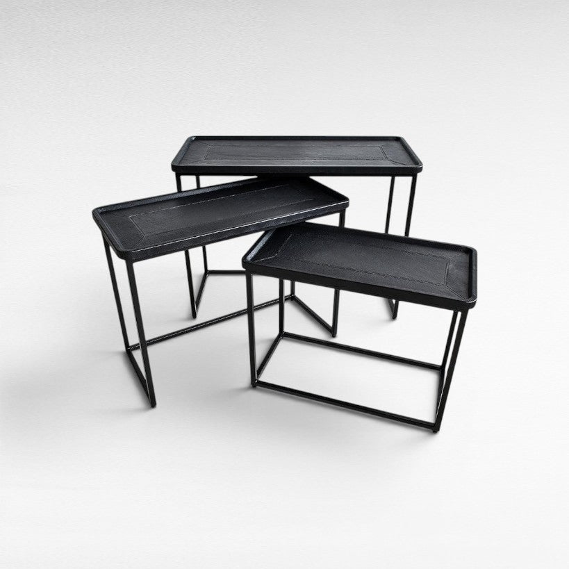 IRON/LEATHER NESTING TABLE SET OF 3 IN BLACK FINISH 82x60x60cm - Chora Mykonos