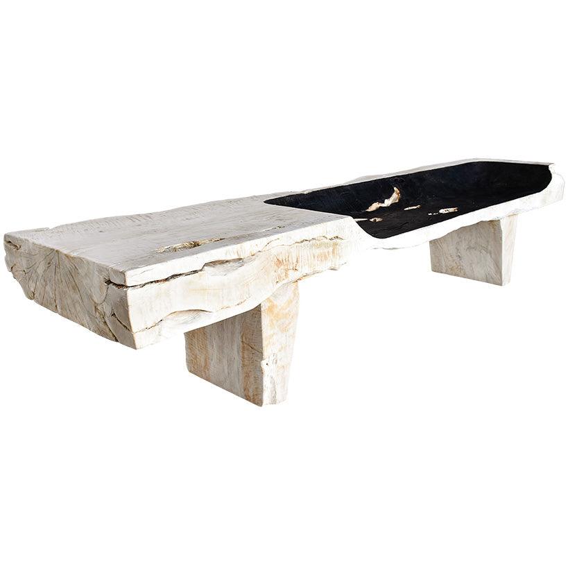 BLEACHED WITH BLACK SEAT TEAK WOOD BENCH - Chora Mykonos