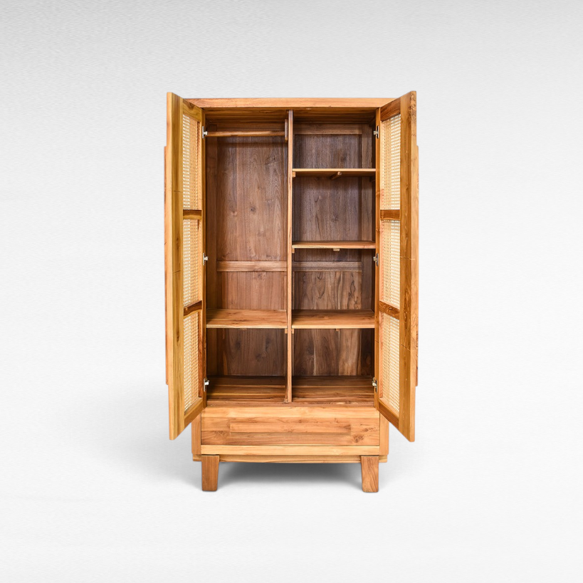Chora Barefoot Luxury Living Viennesse rattan buffet with open doors showing interior wooden shelving and storage