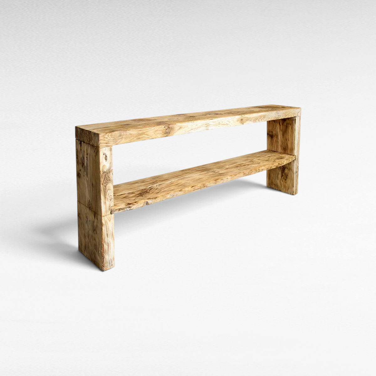 Chora Barefoot Luxury Living rustic wooden console table with a natural grain finish and minimalist open shelf design.