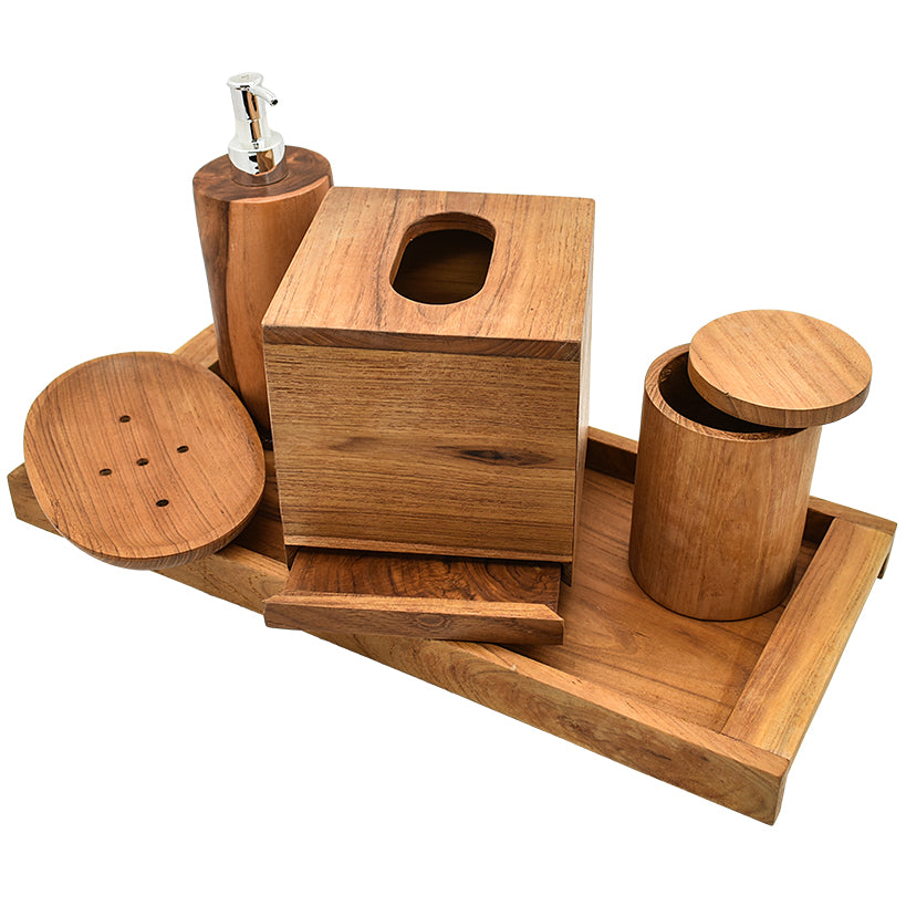 SET OF 5 TEAK WOOD BATHROOM AMENITIES WITH TRAY