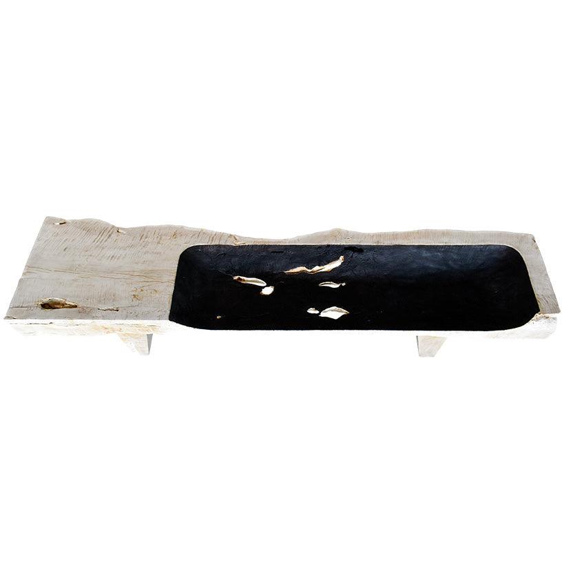 BLEACHED WITH BLACK SEAT TEAK WOOD BENCH - Chora Mykonos