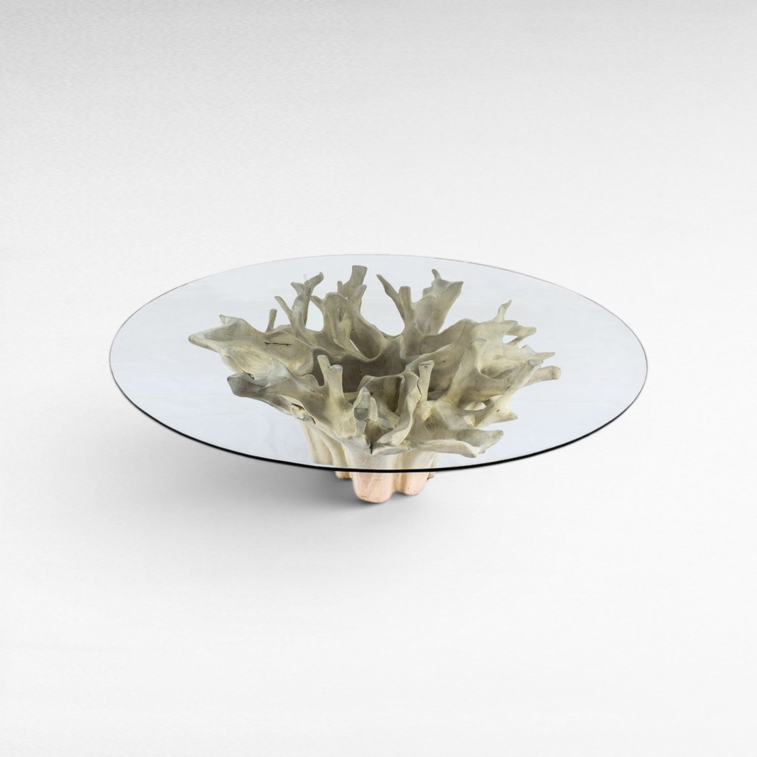 TEAK WOOD BLEACHED TABLE WITH GLASS Φ150 |H78 CM