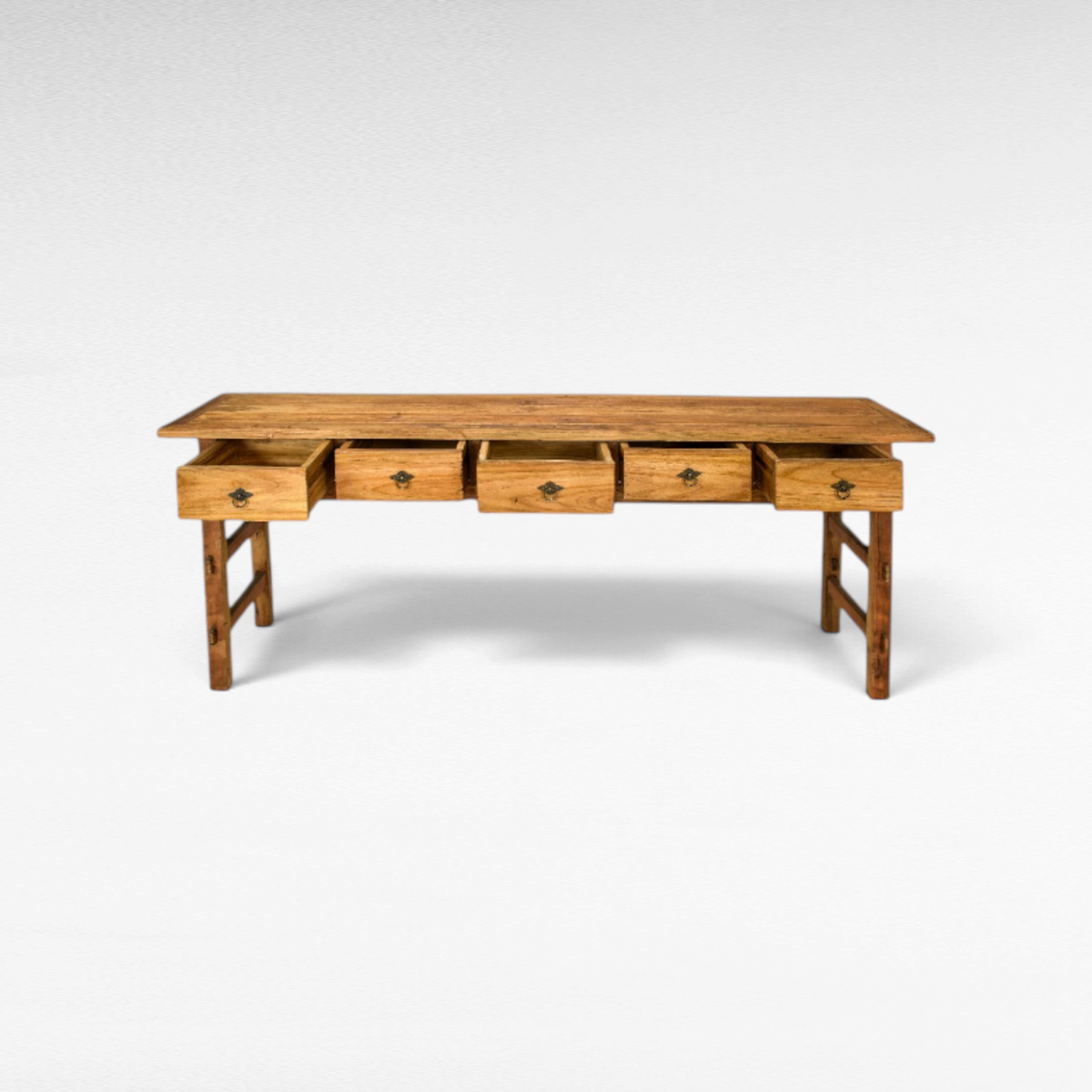 Chora Barefoot Luxury Living rustic teak wood console table with five open drawers and antique metal hardware