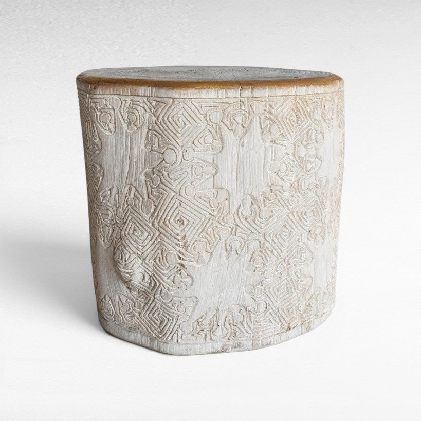 BLEACHED TEAK WOOD CARVED SIDE TABLE W40 |D40 |H40 CM