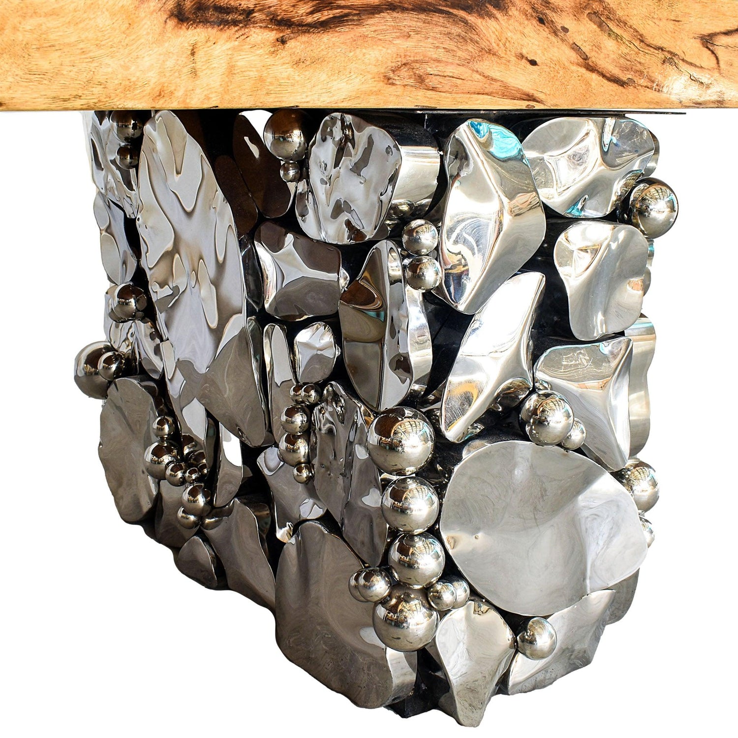 DINING TABLE SUAR WOOD WITH BRASS LEG NATURAL & SILVER 470x140x90 - Chora Mykonos