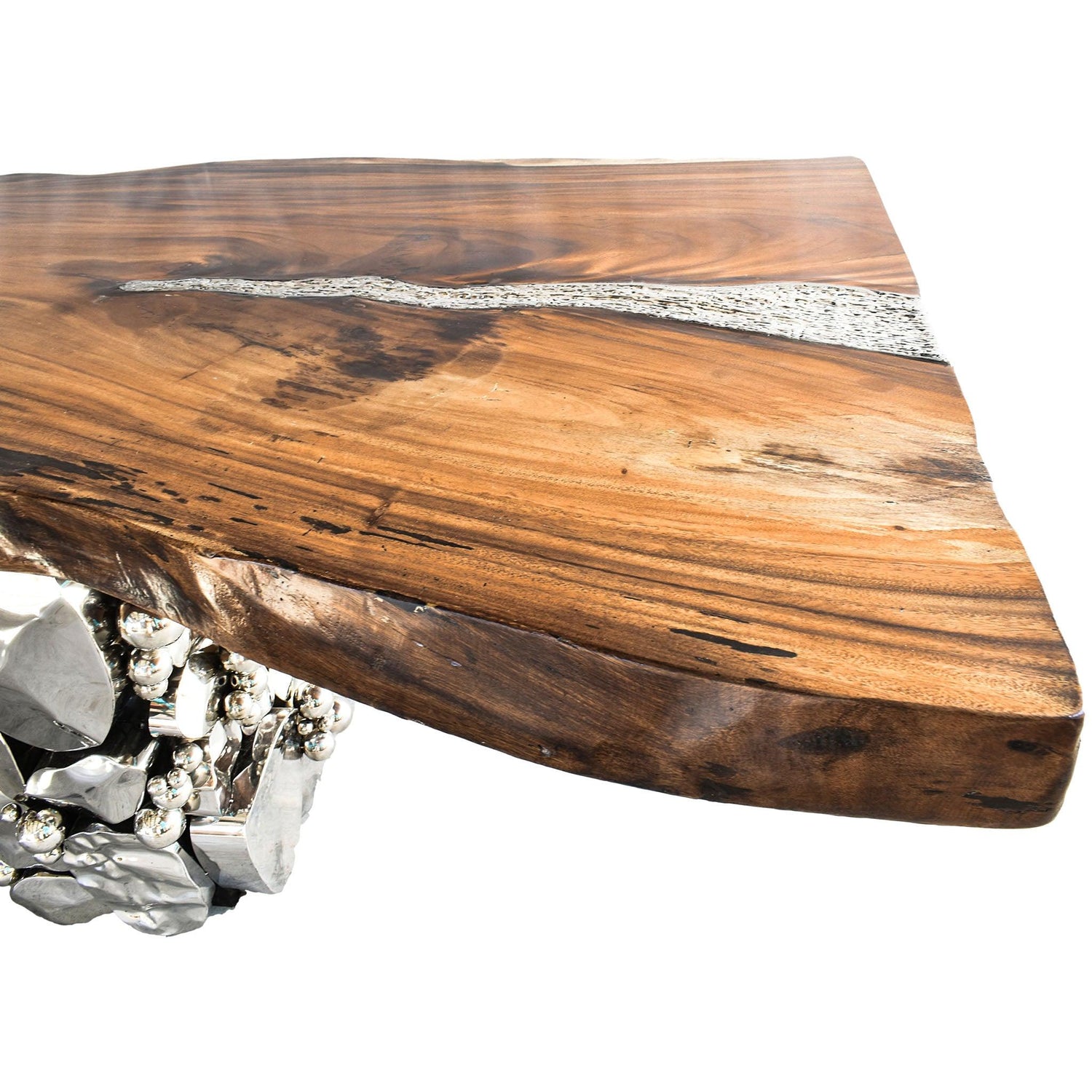 DINING TABLE SUAR WOOD WITH BRASS LEG NATURAL & SILVER 470x140x90 - Chora Mykonos