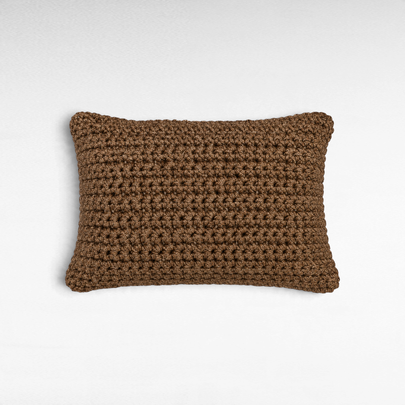 Chora Barefoot Luxury Living rectangular brown cotton rope throw pillow with a textured crochet-style knit pattern.