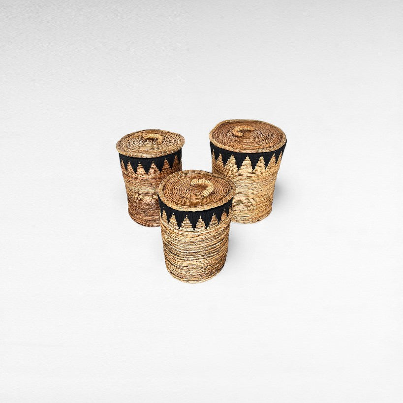 BASKET BANANA LEAF & BLACK MACRAME SET OF 3
