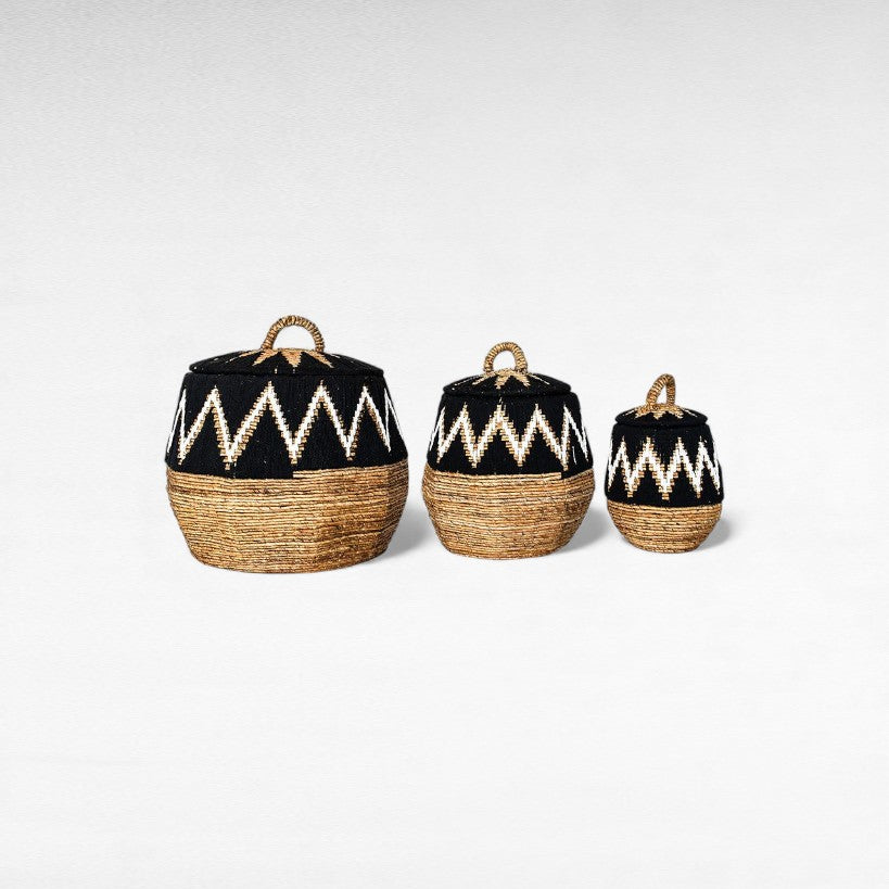 BASKET BANANA LEAF WITH MACRAME DETAILS SET OF 3