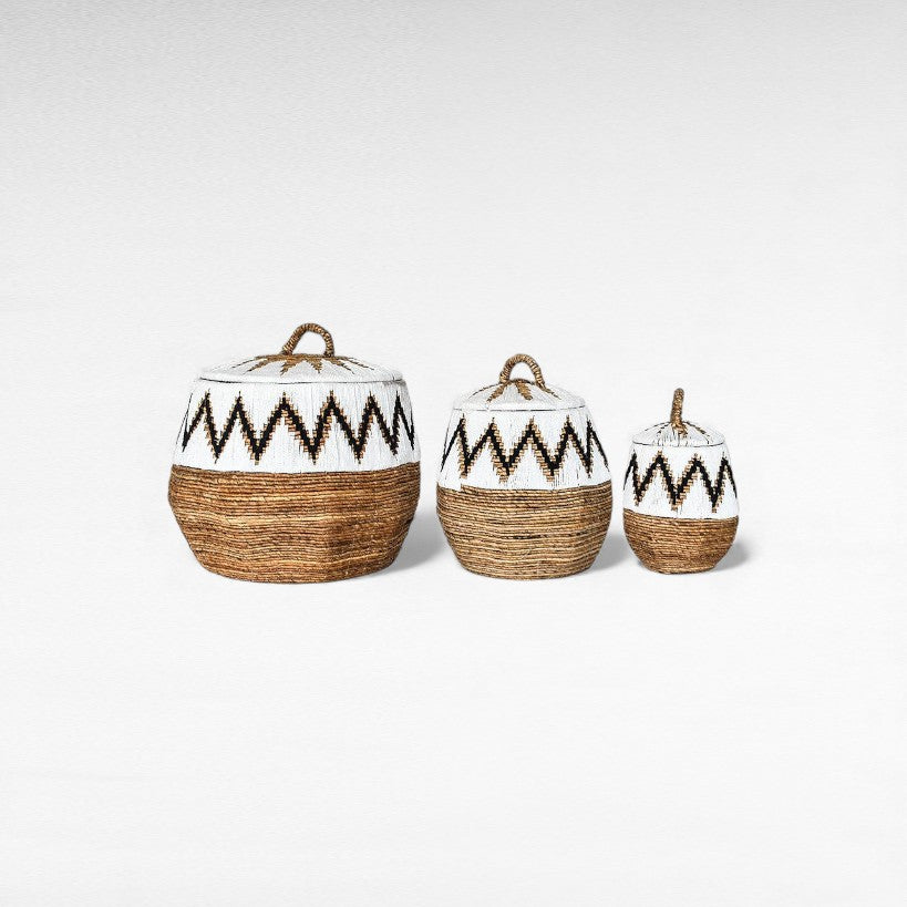 BANANA LEAF WITH MACRAME DETAILS BASKET SET OF 3 WHITE COLOR