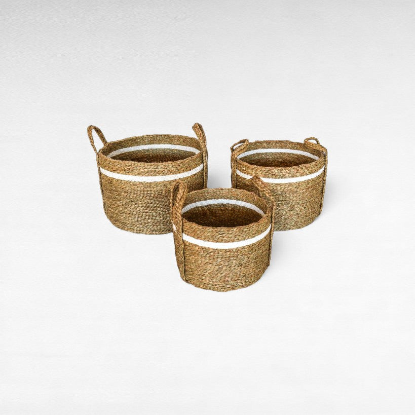 BANANA LEAF BASKET SET OF 3 WITH WHITE DETAIL