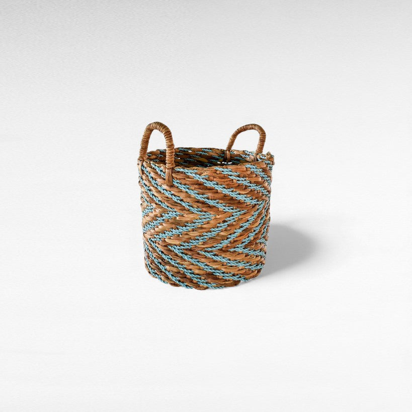 SET OF 3 BASKETS GRASS NATURAL & BLUE 28/35/42cm x 28/35/42cm x 28/32/35cm