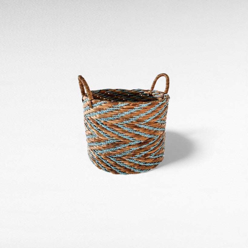 SET OF 3 BASKETS GRASS NATURAL & BLUE 28/35/42cm x 28/35/42cm x 28/32/35cm