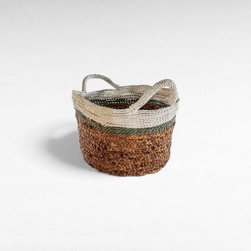 SET OF 3 BASKETS WATER HYCHIN NATURAL WHITE & BLUE 30/30/35 x 30/30/35 x 25/27/28