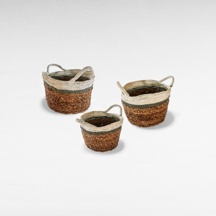 SET OF 3 BASKETS WATER HYCHIN NATURAL WHITE & BLUE 30/30/35 x 30/30/35 x 25/27/28