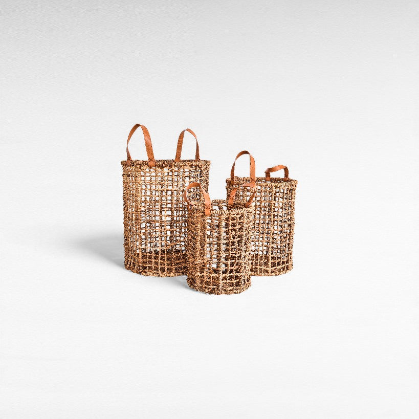 BASKETS PANDAN LEAF NATURAL WITH LEATHER HANDLES SET OF 3
