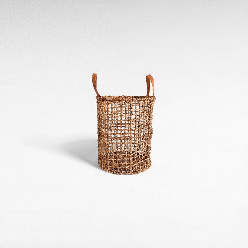 BASKETS PANDAN LEAF NATURAL WITH LEATHER HANDLES SET OF 3