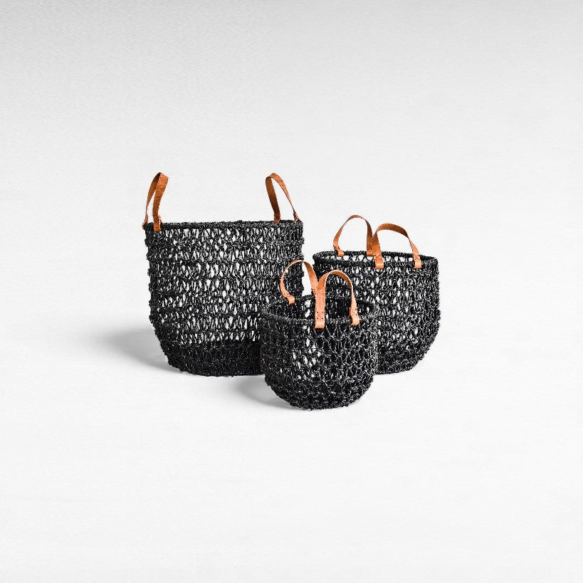 BASKETS PANDAN LEAF BLACK WITH LEATHER HANDLES SET OF 3