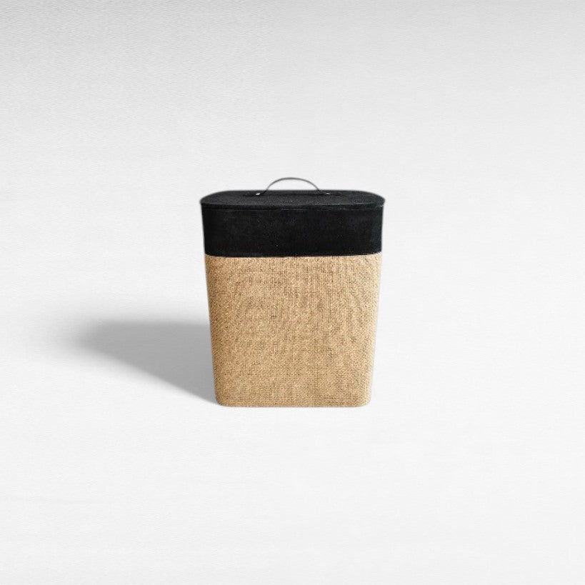 BASKET WITH LID IN SUEDE LEATHER AND JUTE IN BLACK COLOR