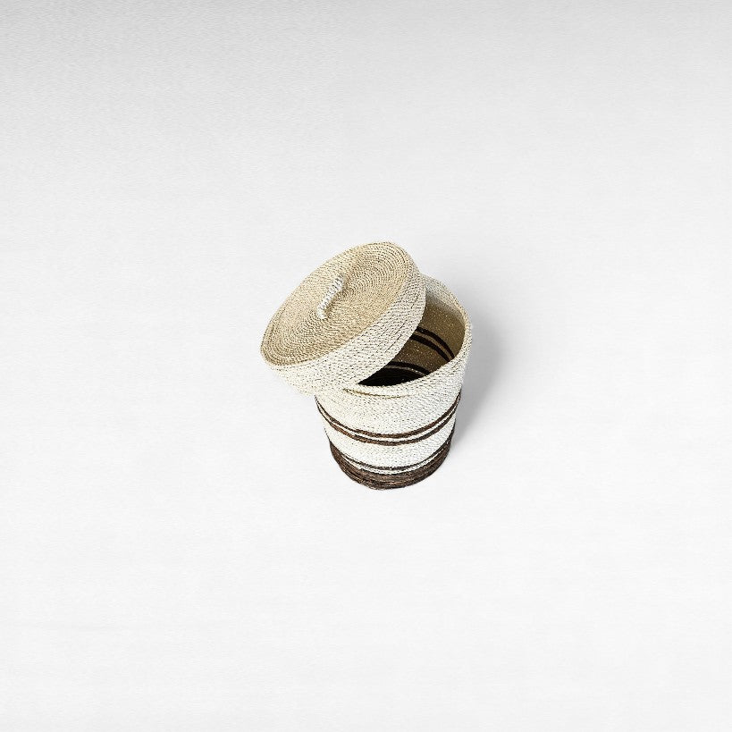 BASKET WITH LID SYNTHETIC RATTAN WHITE AND BROWN
