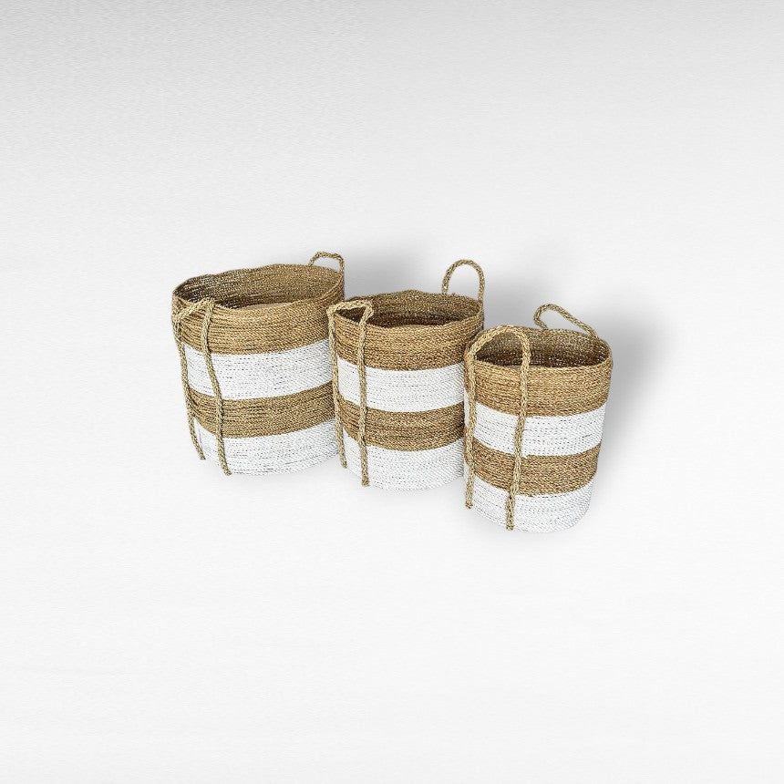 SYNTHETIC RATTAN BASKET SET OF 3 WHITE AND NATURAL