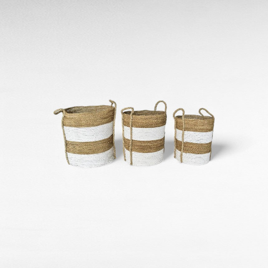 SYNTHETIC RATTAN BASKET SET OF 3 WHITE AND NATURAL