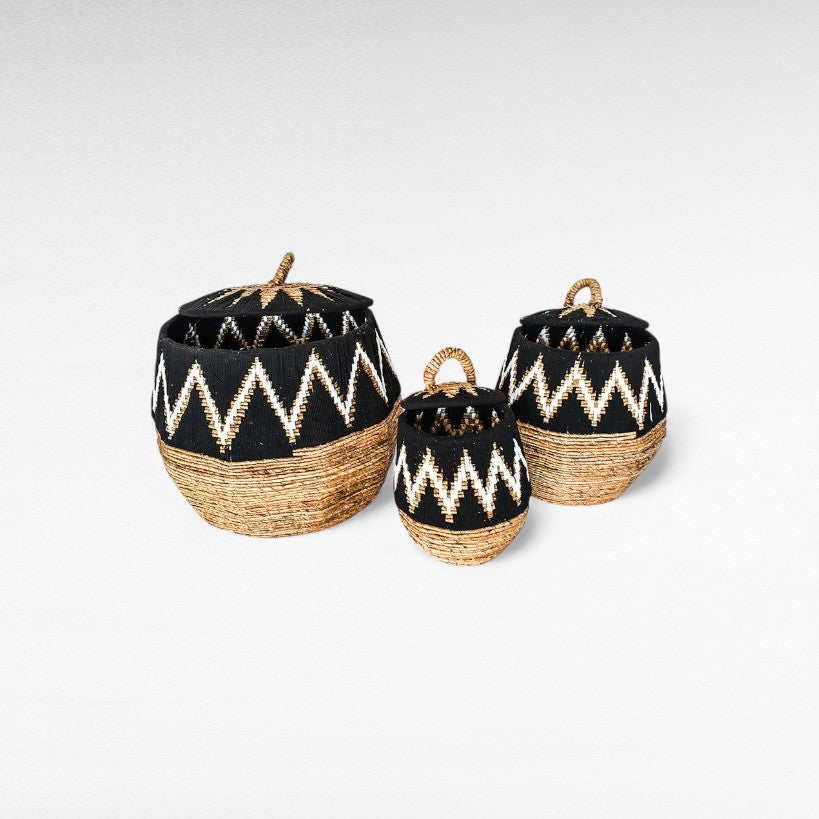BASKET BANANA LEAF WITH MACRAME DETAILS SET OF 3