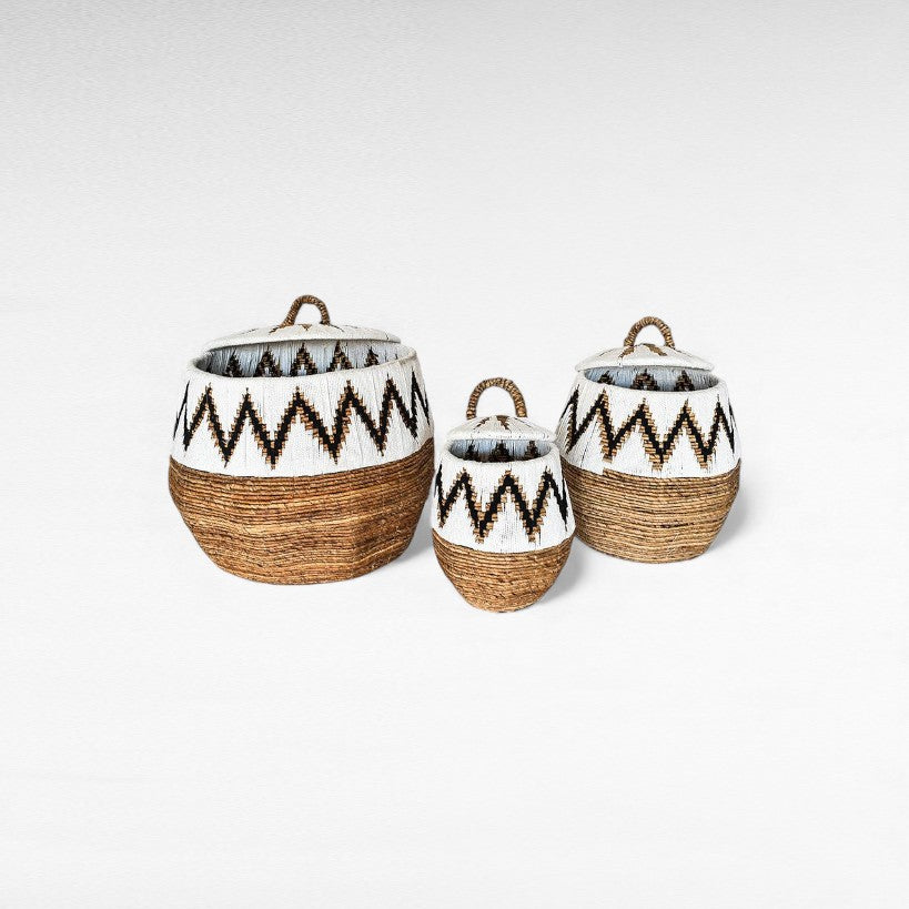 BANANA LEAF WITH MACRAME DETAILS BASKET SET OF 3 WHITE COLOR