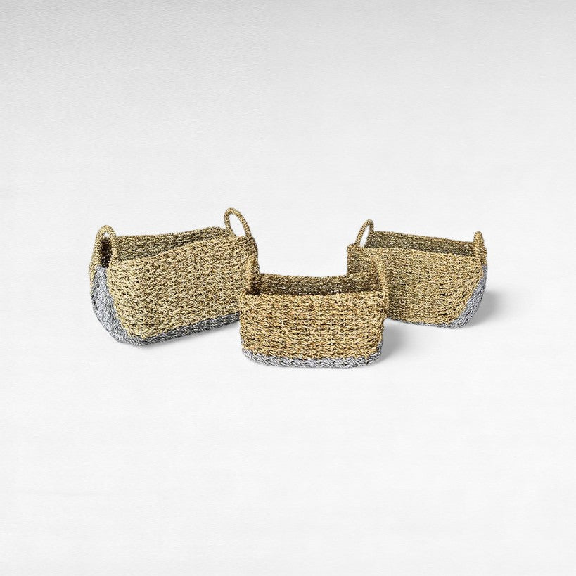SYNTHETIC RATTAN RECTANGLE BASKET WITH GREY DETAILS SET OF 3
