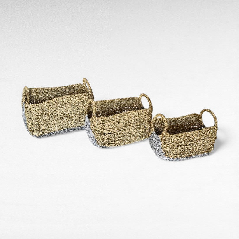 SYNTHETIC RATTAN RECTANGLE BASKET WITH GREY DETAILS SET OF 3