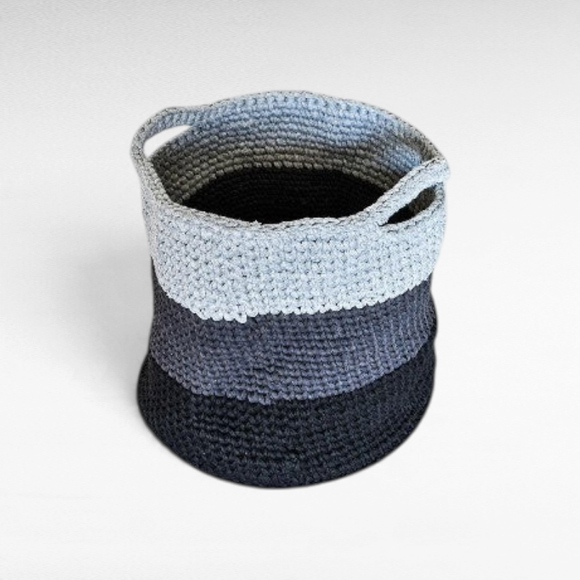 Chora Barefoot Luxury Living handmade cotton laundry basket in grey and black ombre tones with integrated handles.