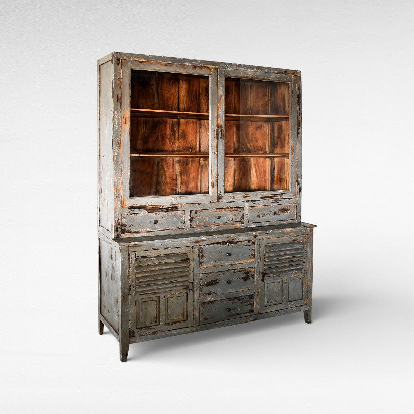 BUFFET - CABINET MANGO WOOD & GLASS VINTAGE GREY W165 |D40 |H210 cm