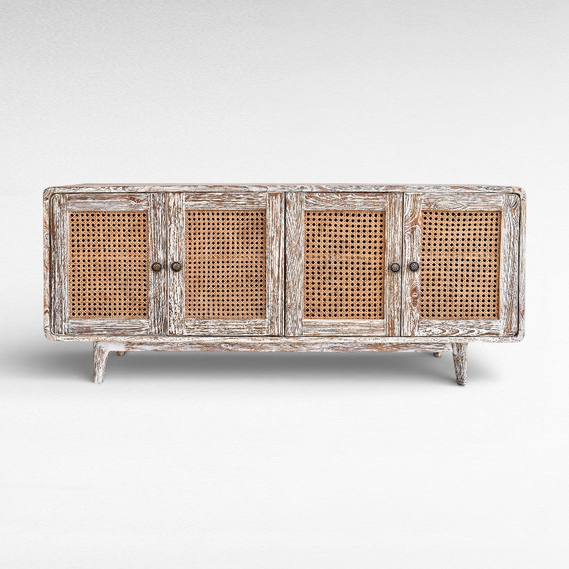 BUFFET CABINET TEAK WOOD & VIENNESE RATTAN WHITEWASHED W150 |D40 |H65 cm