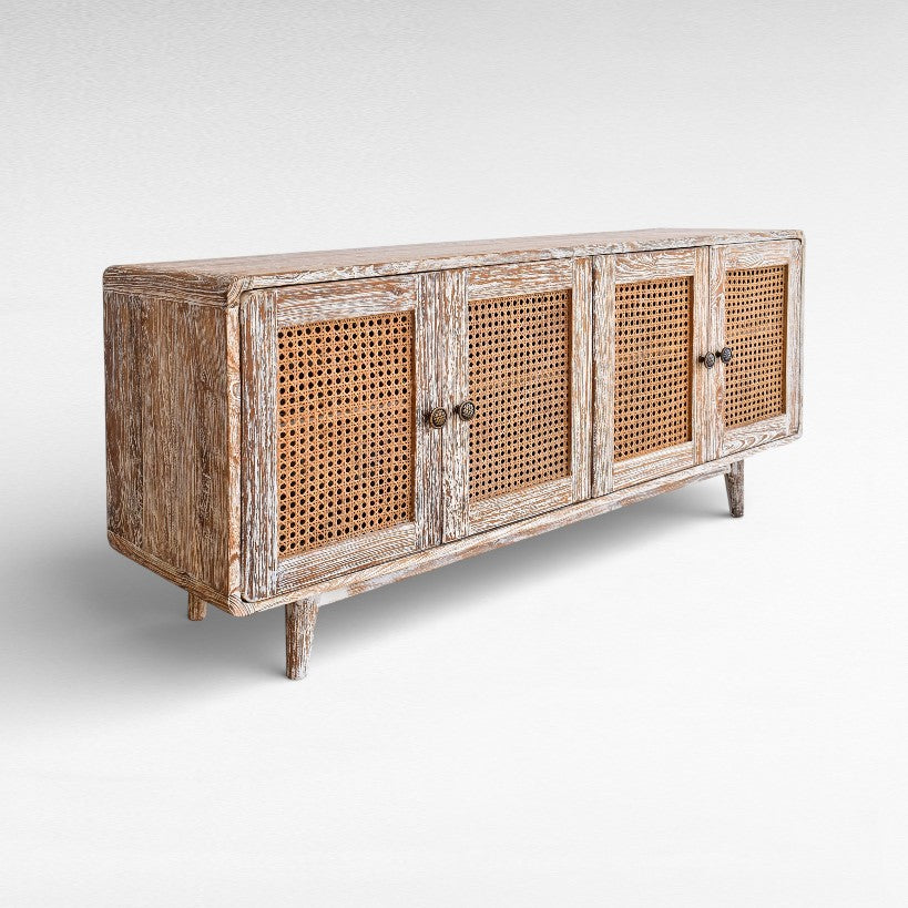 BUFFET CABINET TEAK WOOD & VIENNESE RATTAN WHITEWASHED W150 |D40 |H65 cm