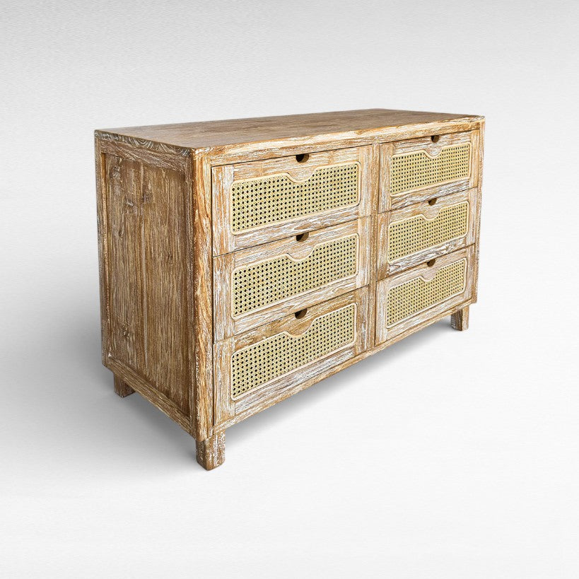 CABINET WHITE WASHED WITH DRAWERS & VIENNESE RATTAN W120 |D50 |H82 cm