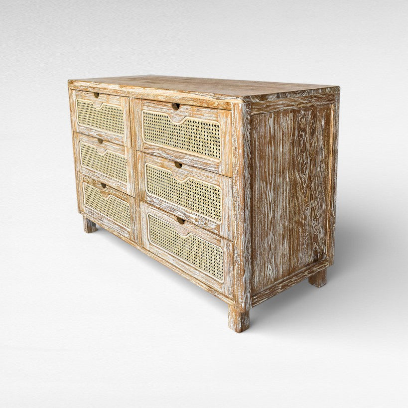 CABINET WHITE WASHED WITH DRAWERS & VIENNESE RATTAN W120 |D50 |H82 cm