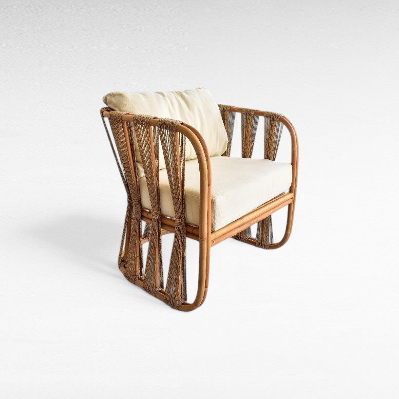 RATTAN RELAX ARMCHAIR WITH SYNTHETIC RAFFIA AND CUSHION W64 |D52 |H77 CM