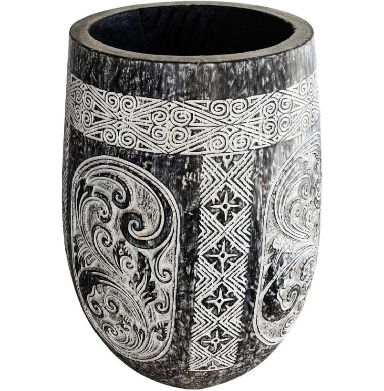 PLANTER PALM WITH CARVING GREY SHORT - Chora Barefoot Luxury Living