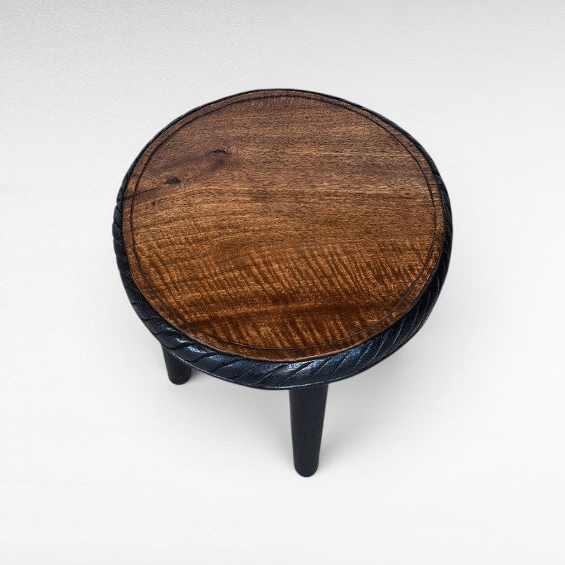 4 LEGS CARVED STOOL BLACK AND NATURAL TOP - Chora Mykonos