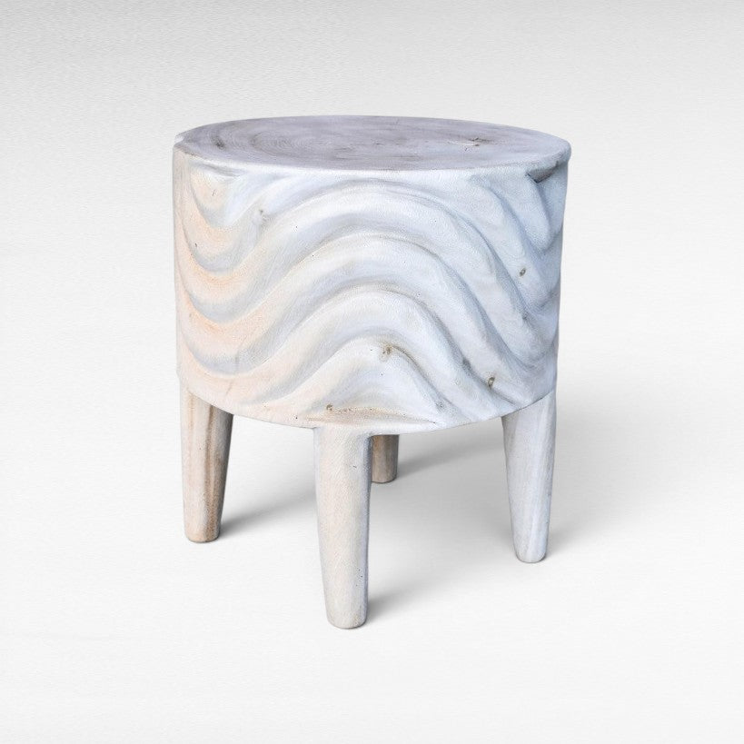 BLEACHED MANGO STOOL WITH CARVING - Chora Mykonos