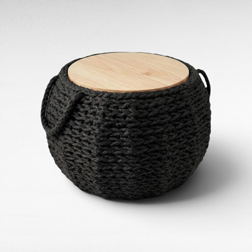COTTON ROPE BLACK SIDE TABLE WITH OAK WOOD TOP NATURAL W50 |D50 |H60 CM