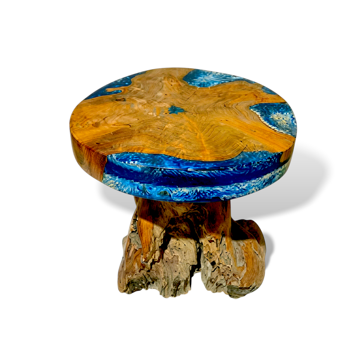 TEAK WOOD SIDE TABLE WITH BLUE RESIN W45 |D45 |H40 CM