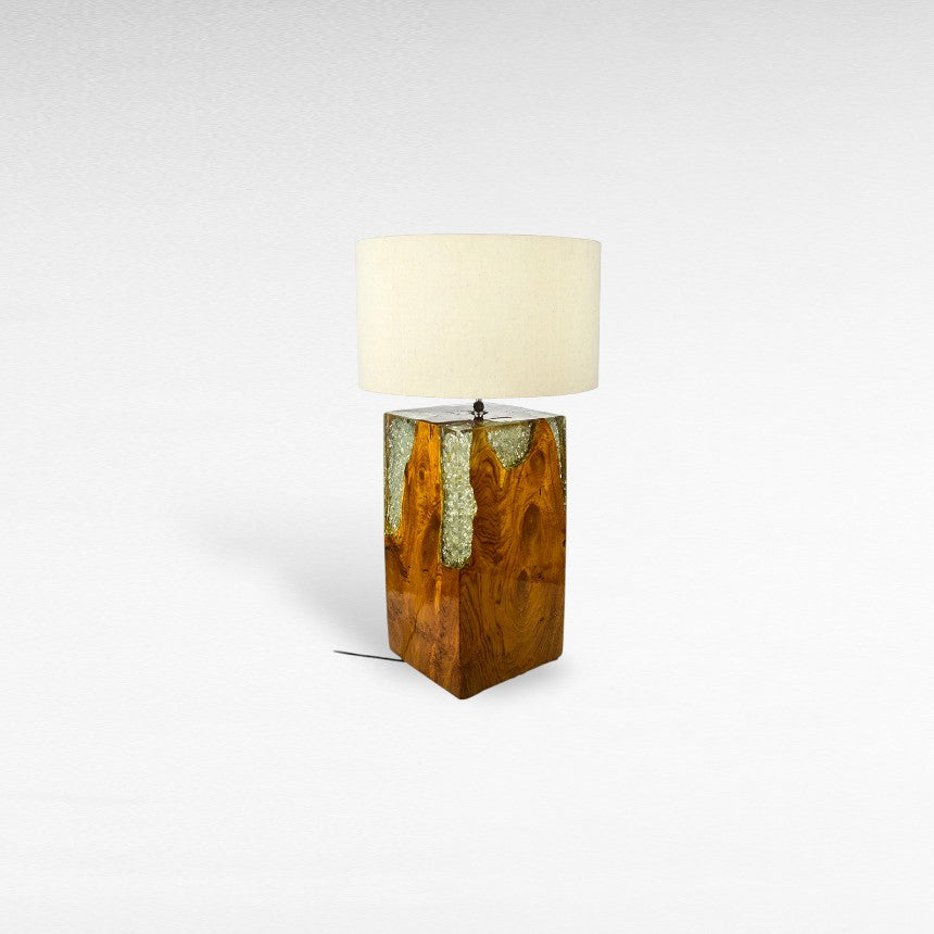 NATURAL TEAK SQUARE TRANSPARENT RESIN TABLE LAMP