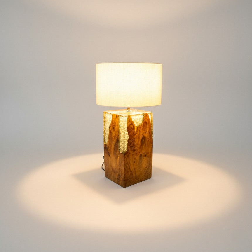 NATURAL TEAK SQUARE TRANSPARENT RESIN TABLE LAMP