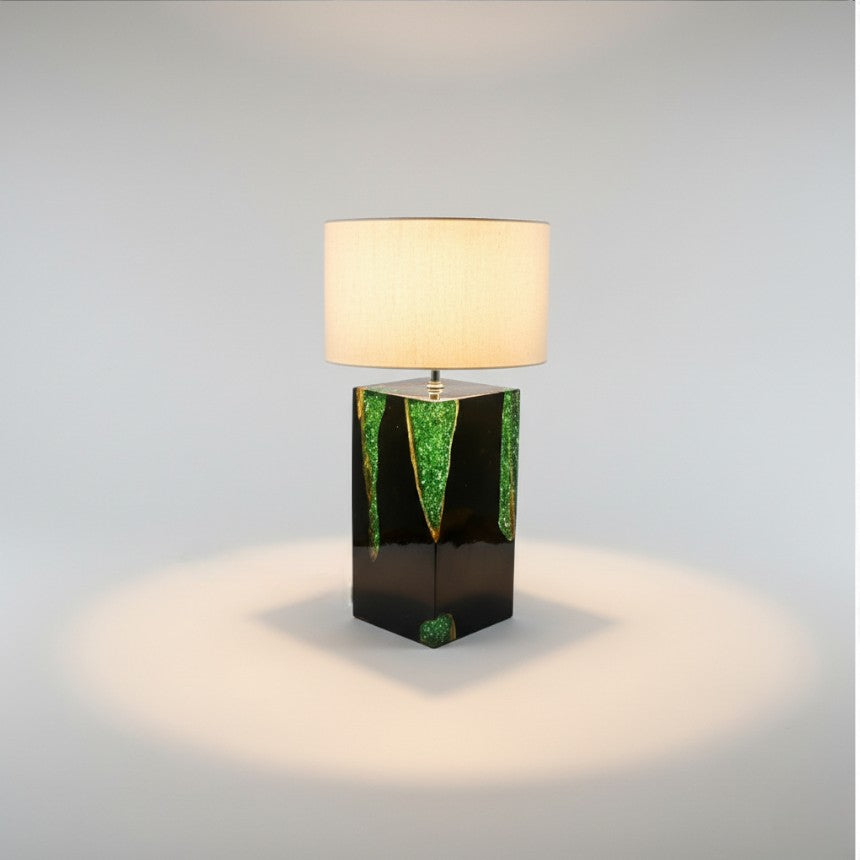 BLACK TEAK SQUARE AND GREEN RESIN TABLE LAMP